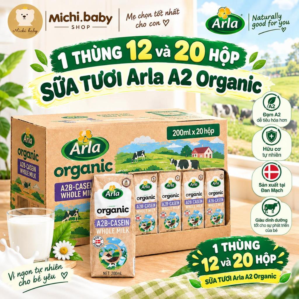 Date 02/2027 - 1 Thùng 12/ 20 Hộp Sữa Tươi UHT Hữu Cơ Đạm A2 Arla Đan Mạch 200ml - Michi Baby MC888-