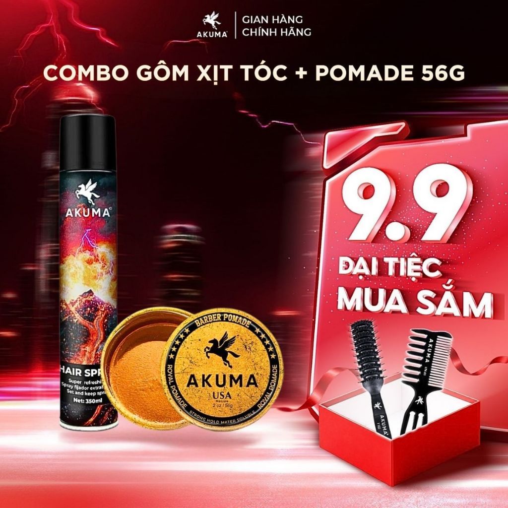 Combo Sáp Vuốt Tóc, Gôm Xịt Tóc, Xịt Tạo Phồng Tóc AKUMA Dầu Gội Nam AKUMA Hương Nước Hoa Nam Tính