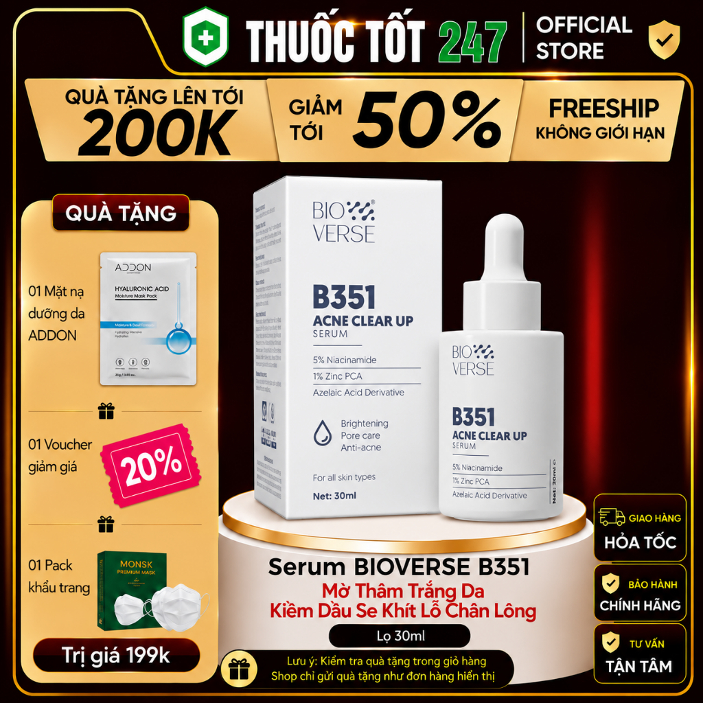 Tinh Chất Niacinamide 5% + Zinc 1% Sáng Da Mờ Thâm Bioverse B351 Ultra Corrective Booster 30ml
