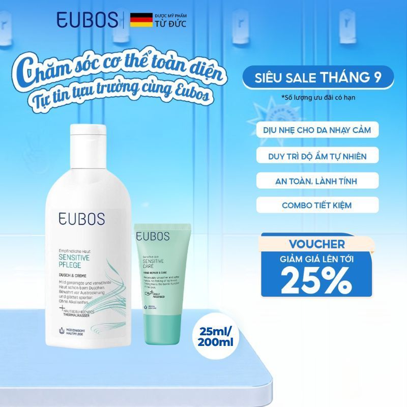 [EUBOS CHÍNH HÃNG] Combo Kem Dưỡng Ẩm Da Tay & Móng 25ml và Sữa Tắm Dịu Nhẹ Cho Da Khô & Nhạy Cảm 20