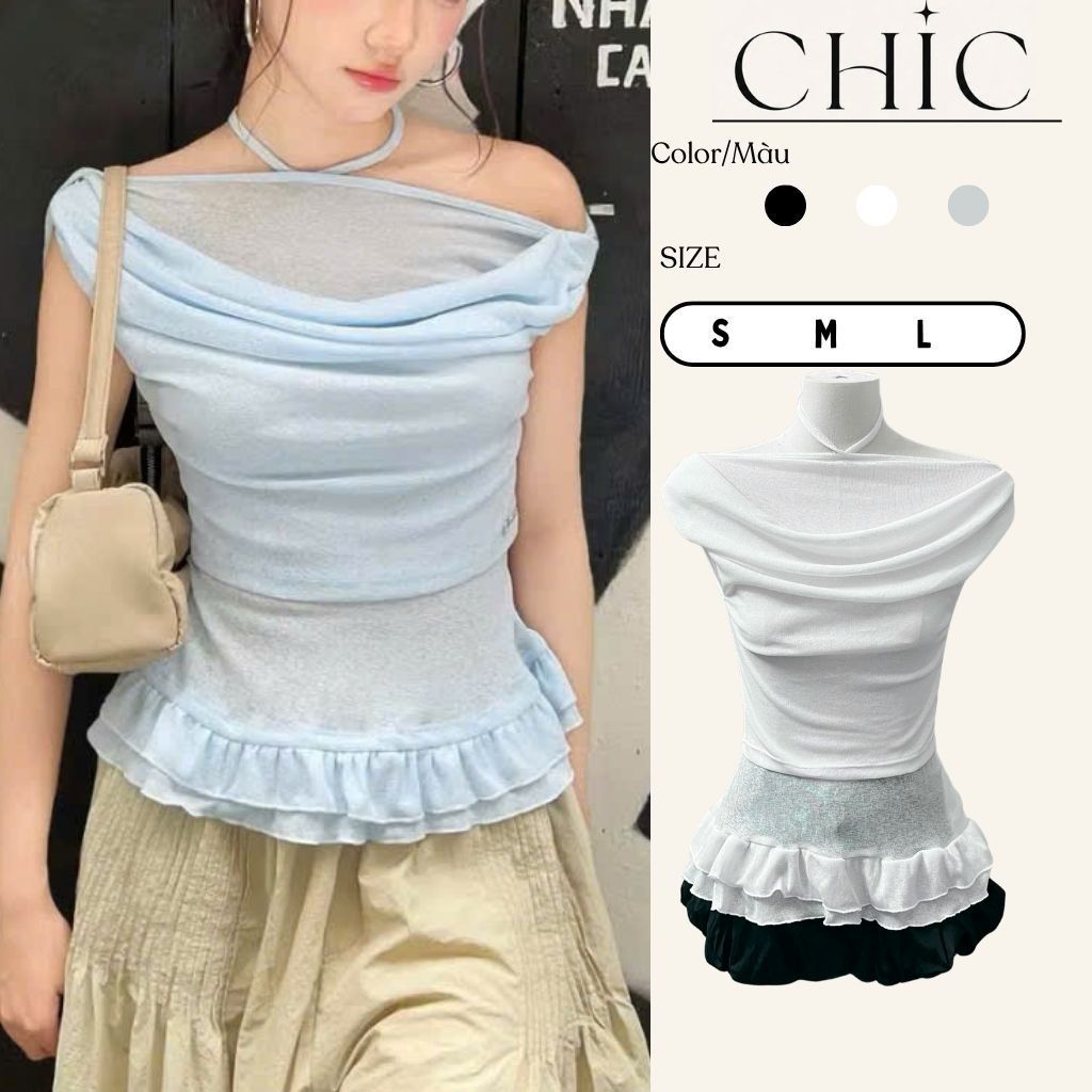 Áo cổ đổ xếp rũ trễ vai hack eo tôn dáng, áo kiểu nữ chất thun giấy vạt xoè tầng sexy- CHIC HOUSE