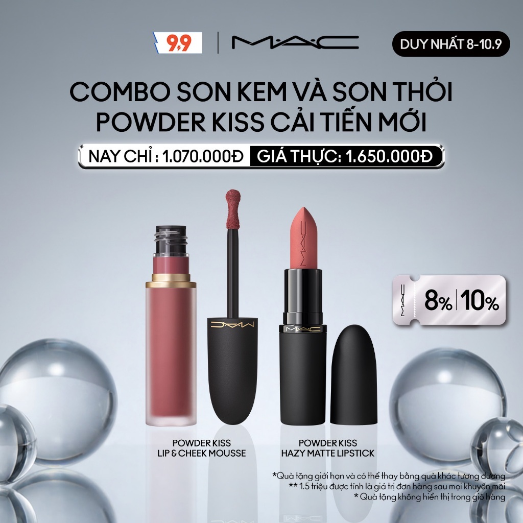 [ƯU ĐÃI 8-10.9] MAC - Bộ 2 món: Son kem MAC Powder Kiss Lip & Cheek Mousse, Son thỏi MAC Powder Kiss