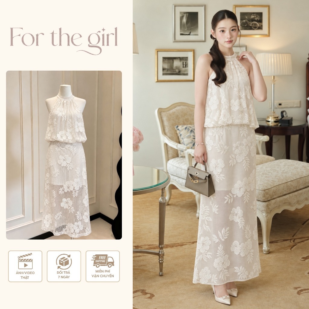 Set Bộ Nữ Ren Hoa 2 Món Áo Yếm Cổ Tròn Và Chân Váy Dài Màu Kem Thanh Lịch, Đồ Nữ Dự Tiệc Sang Trọng P88