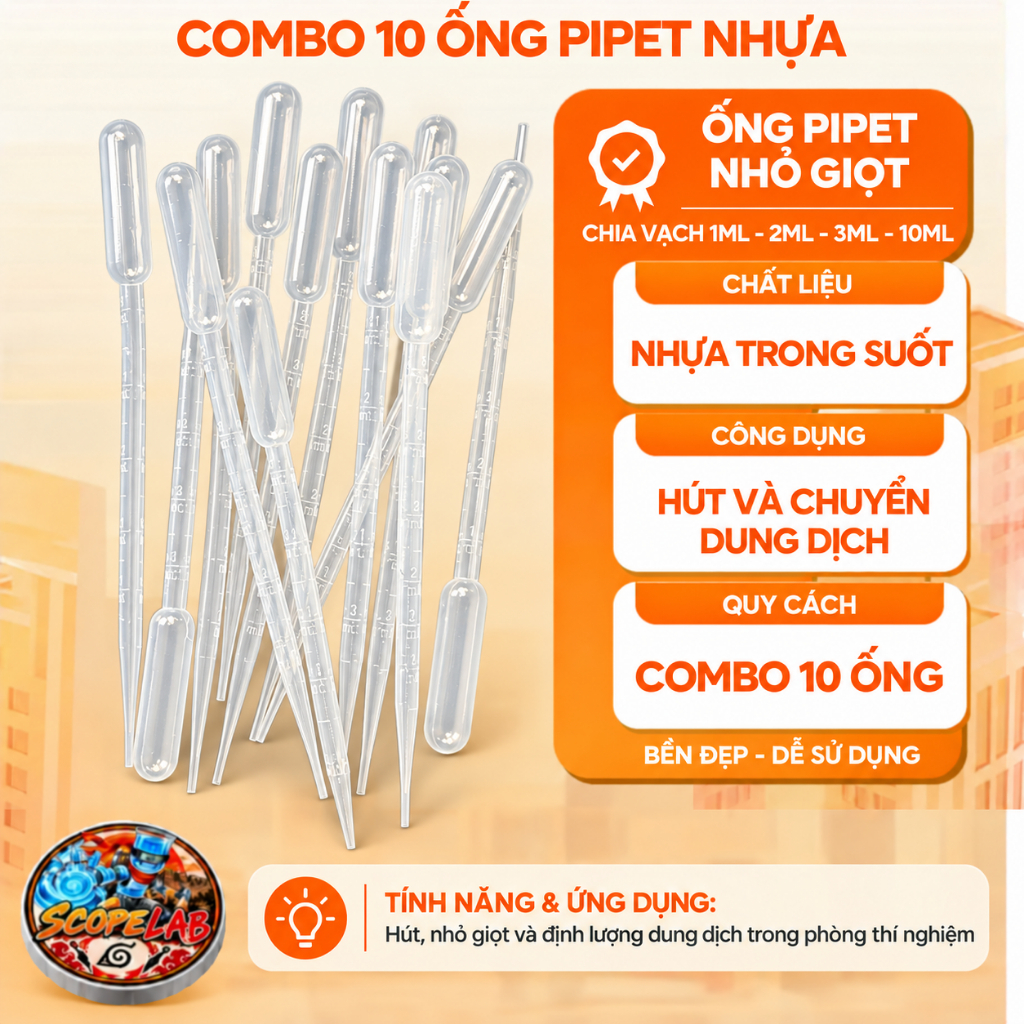 Combo 10 ống Pipet nhựa nhỏ giọt, có chia vạch 1ml, 2ml , 3ml , 10ml