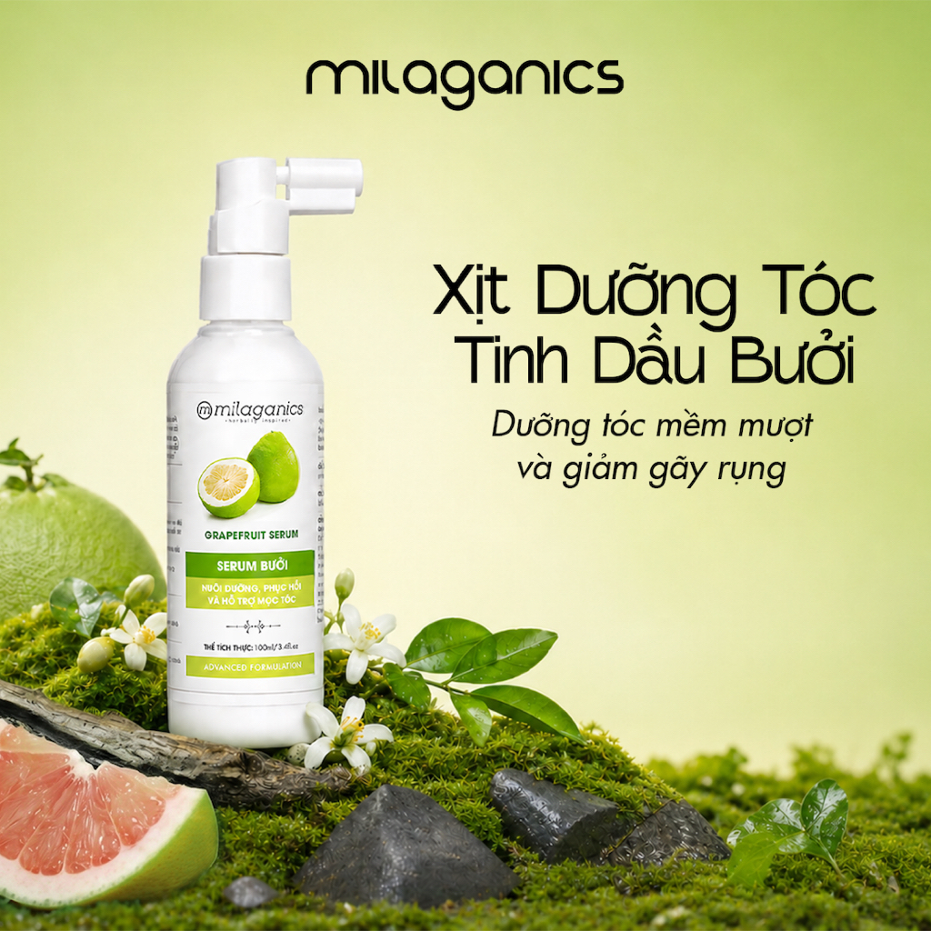 Tinh dầu bưởi MILAGANICS xịt dưỡng tóc mềm mượt, hỗ trợ giảm rụng và giúp tóc mọc dày