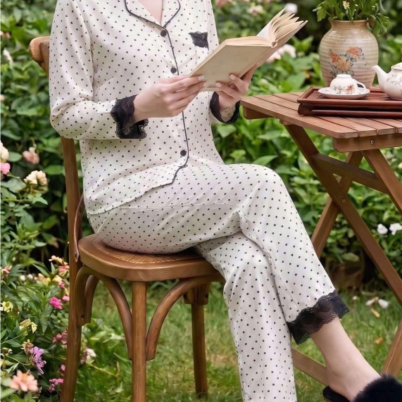 Bộ Pijamas Dài Tay Lụa Giấy Luxury Chấm Bi Ren 04, ForMe Pijamas