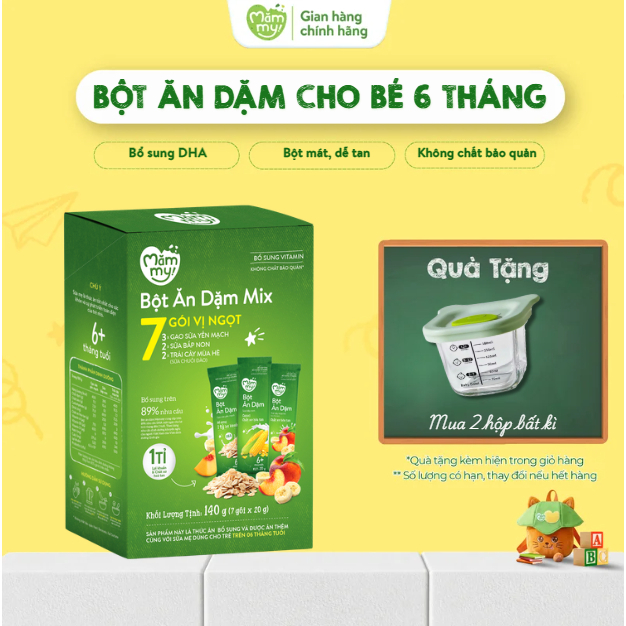 Bột ăn dặm cho bé Mămmy bổ sung DHA, canxi, sắt giúp bé phát triển khỏe mạnh, thông minh, hộp 7 gói