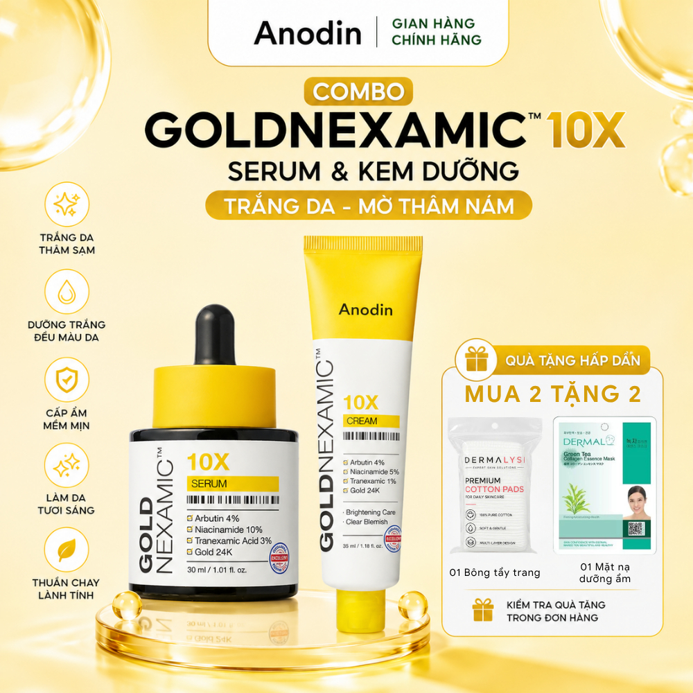 Combo Serum + Kem dưỡng dưỡng sáng, mờ thâm nám Goldnexamic 10x Anodin - Skin Studio