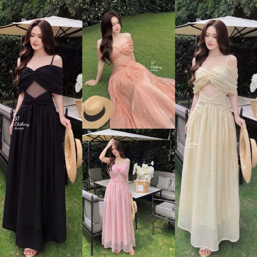 [3T CLOTHING] Đầm Nữ Trễ Vai Tơ Tằm Vân Mây 2 Lớp, Váy Xòe Tiểu Thư Tôn Dáng, Đầm Dự Tiệc Đi Chơi Bi