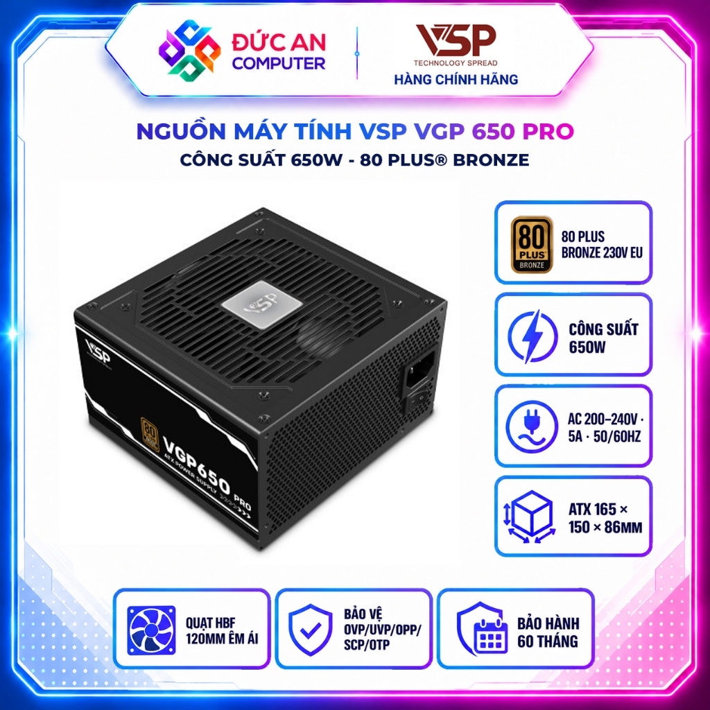 Nguồn máy tính VSP VGP650 PRO (650W / 80 Plus Bronze / Tụ Nhật / Active PFC)