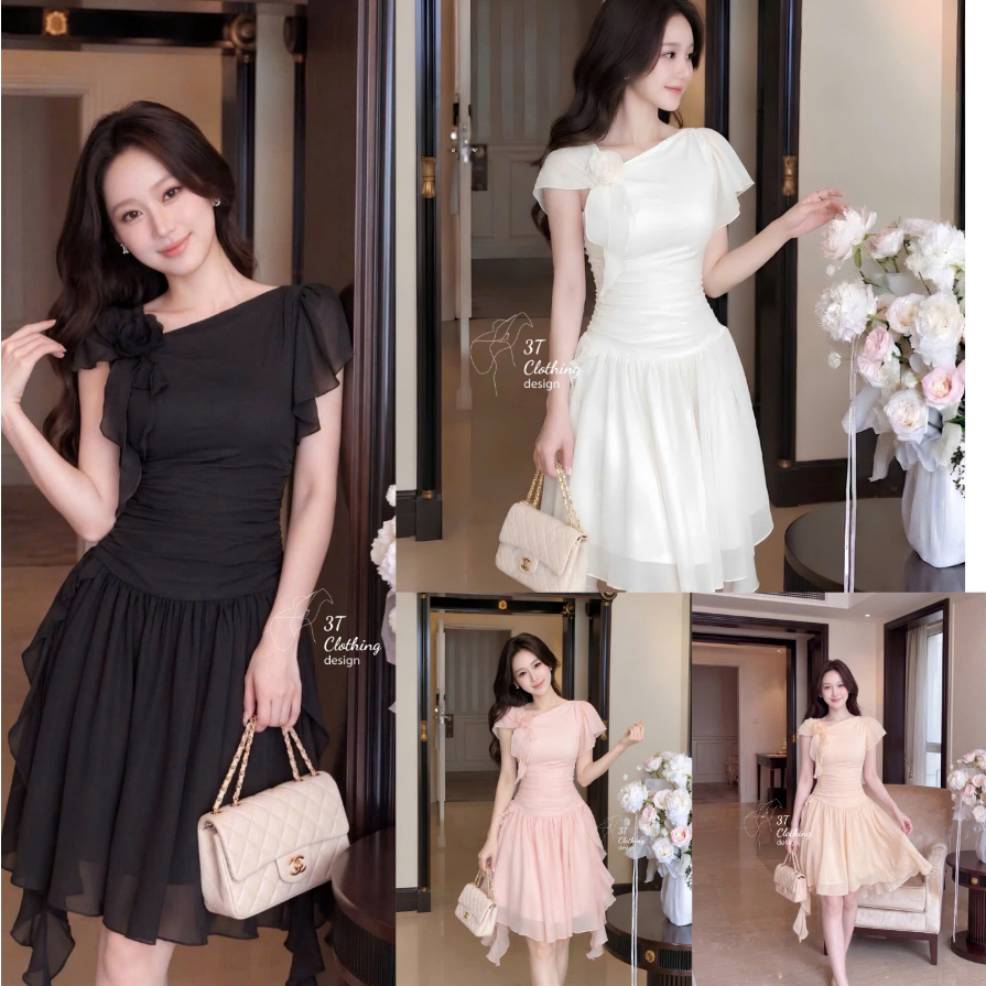 [3T CLOTHING] Váy đầm dự tiệc thiết kế dáng ngắn, tùng xòe lệch vai đính bông, kèm quần bảo hộ Bigsi