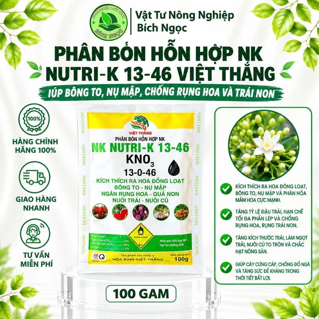 [100g] Phân Bón Hỗn Hợp NK NUTRI-K 13-46 (KNO3 13-0-46) Việt Thắng - Kích Ra Hoa Đồng Loạt, Đậu Trái