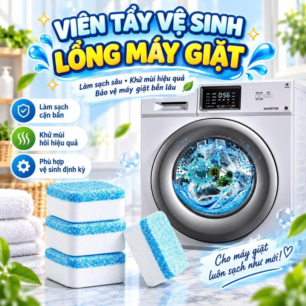 Hộp 12 Viên Tẩy Vệ Sinh Lồng Máy Giặt, Sủi sạch vi khuẩn, Tẩy Sạch Cặn Bẩn Lồng Giặt