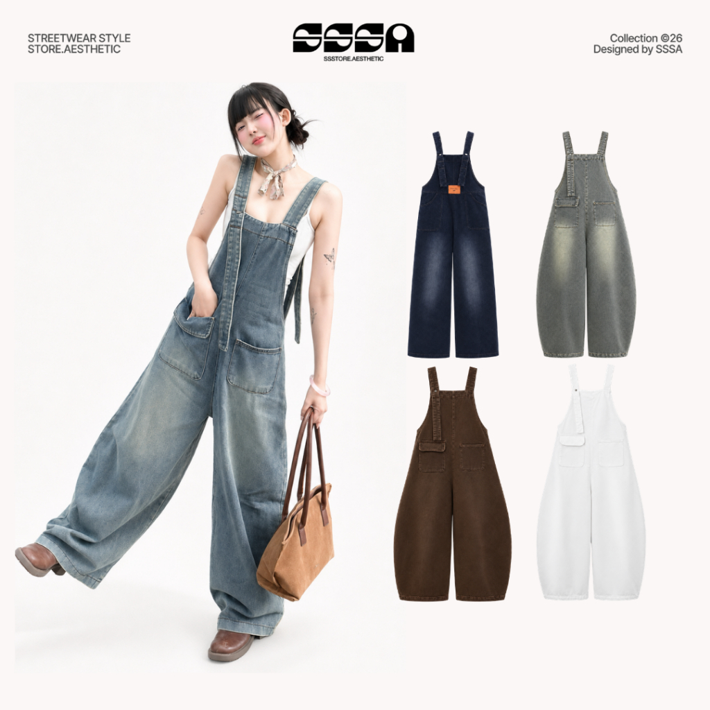 Quần Yếm Jean Nữ Ống Rộng Form Unisex Yếm Bò Jeans Denim Dày Dặn Che Khuyết Điểm | SSSTORE.Aesthetic
