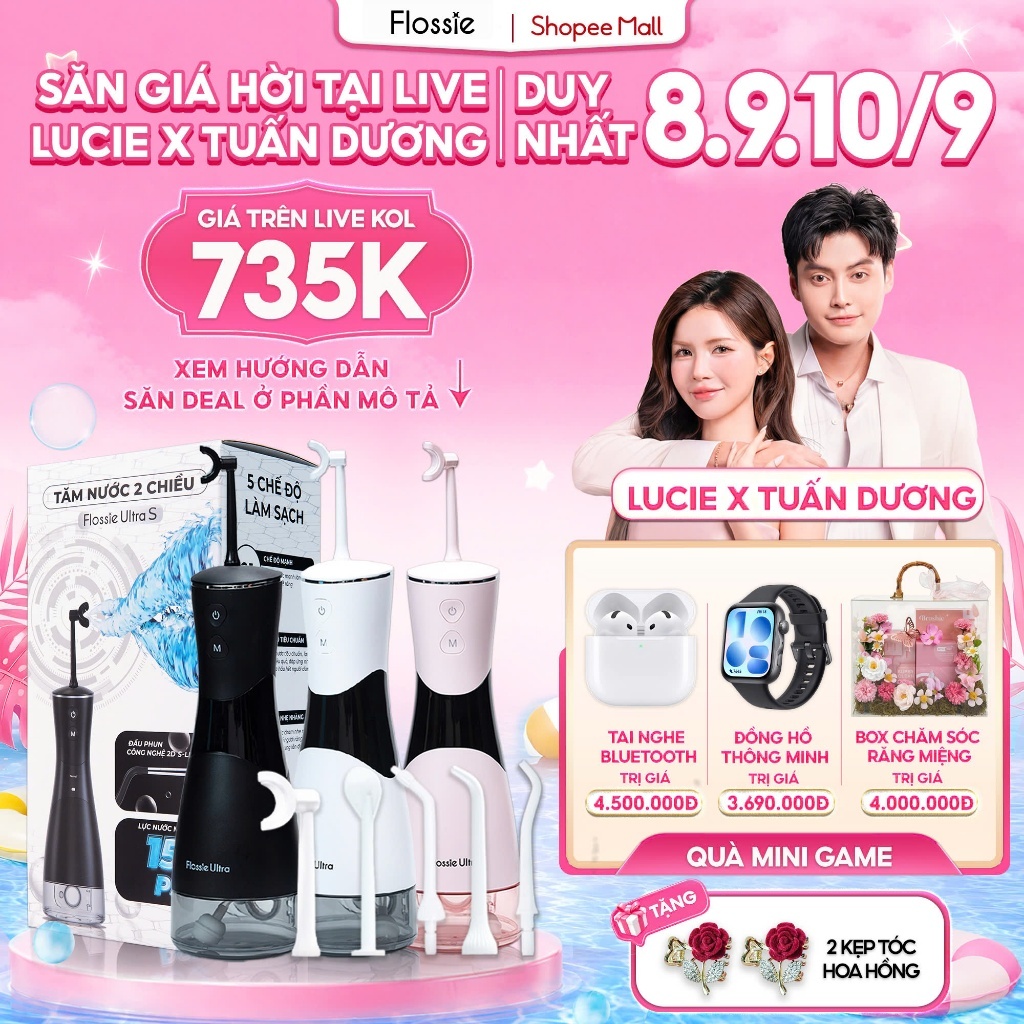 [GIÁ 734K LIVE LUCIE] Máy tăm nước Flossie Ultra vòi phun 2 chiều, công nghệ xoay 360 độ cho răng ni