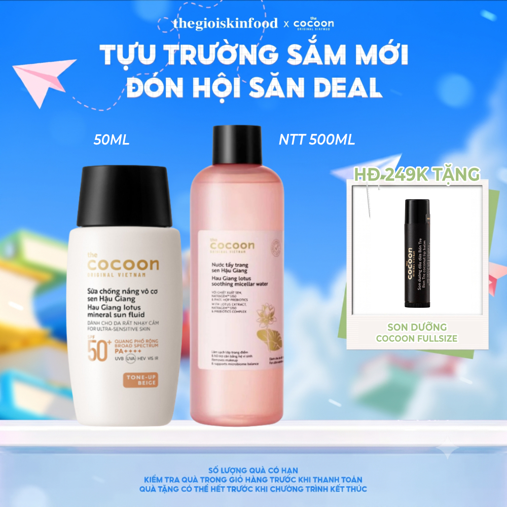Combo Cocoon Sữa chống nắng Hau Giang Lotus Mineral Sun Fluid 50ml & NTT Lotus Soothing Micellar Wat