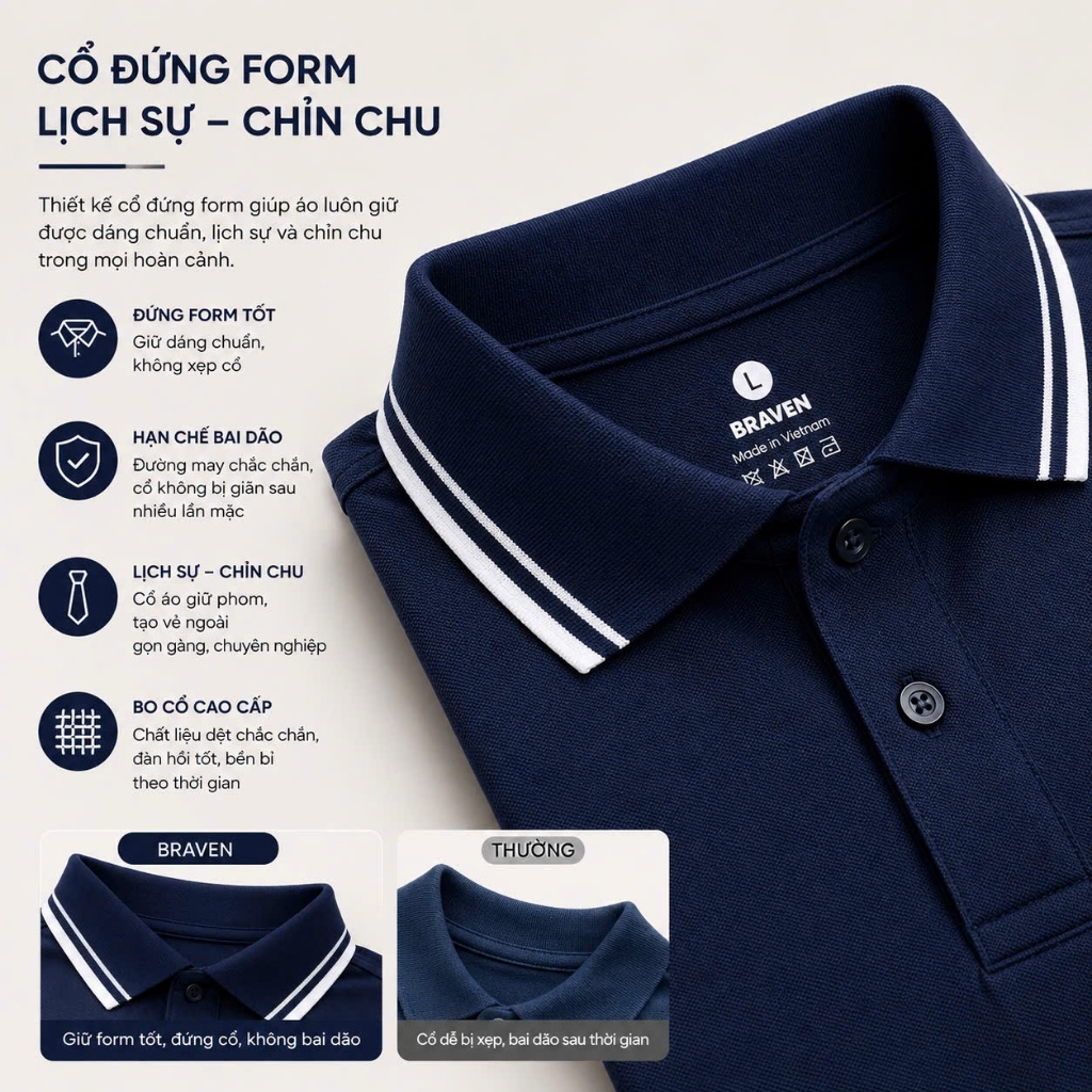 BRAVEN POLO NAM CAO CẤP | Form Chuẩn Tôn Dáng, Vải Mềm Mát Thoáng Khí | 7 Màu | Size M–XXL