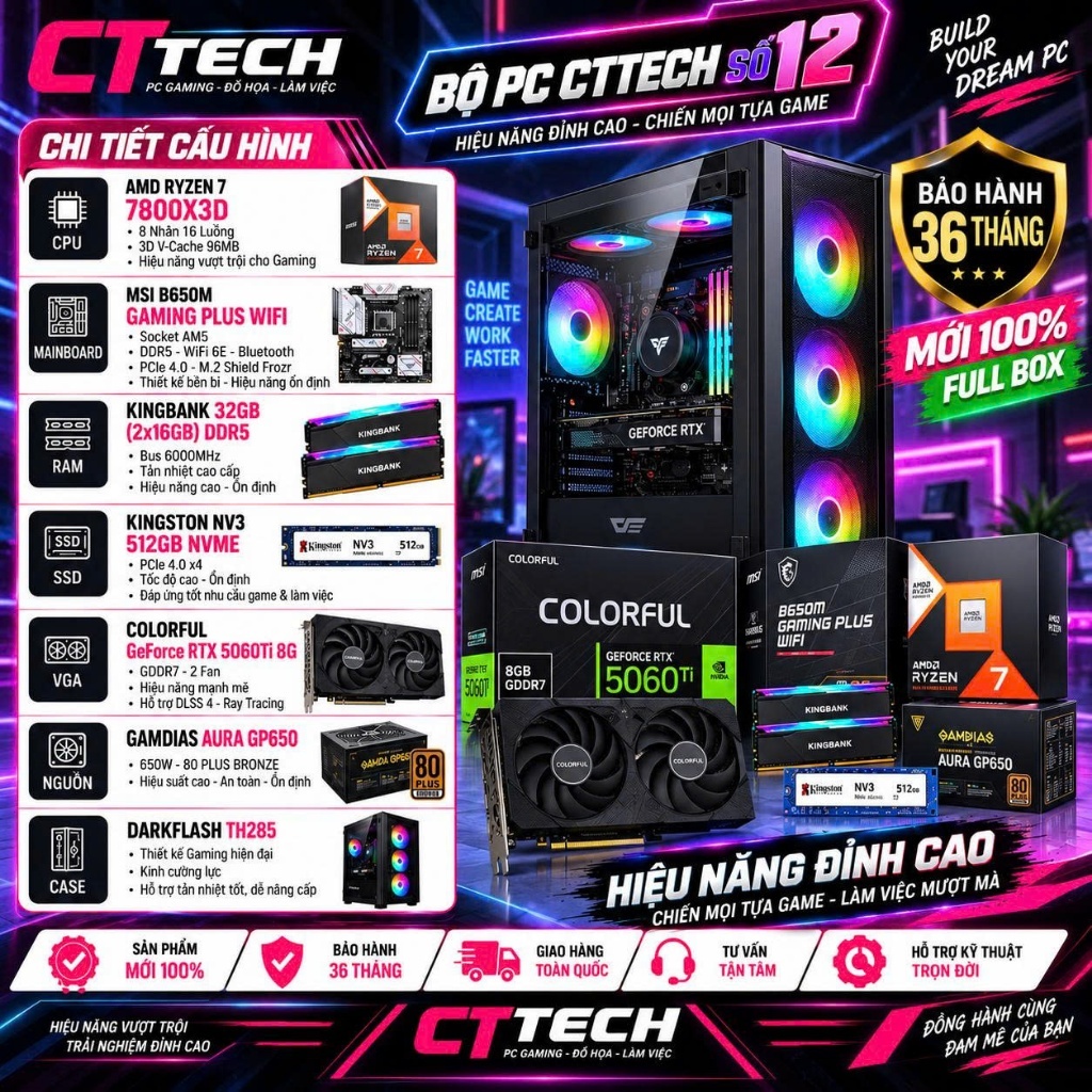 Bộ PC CTTech số 12 COLOFUL RTX 5060TI 8G / Ryzen 7 7800X3D / B650M / 32GB Bus 6000 / Nvme 512GB  | M