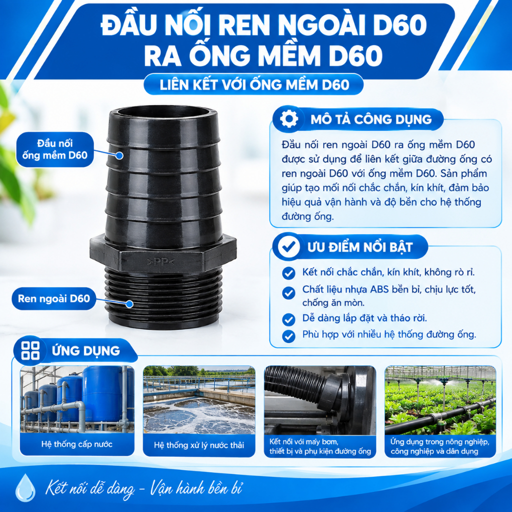 Đầu Nối Ren Ngoài D60 Ra Ống Mềm D60