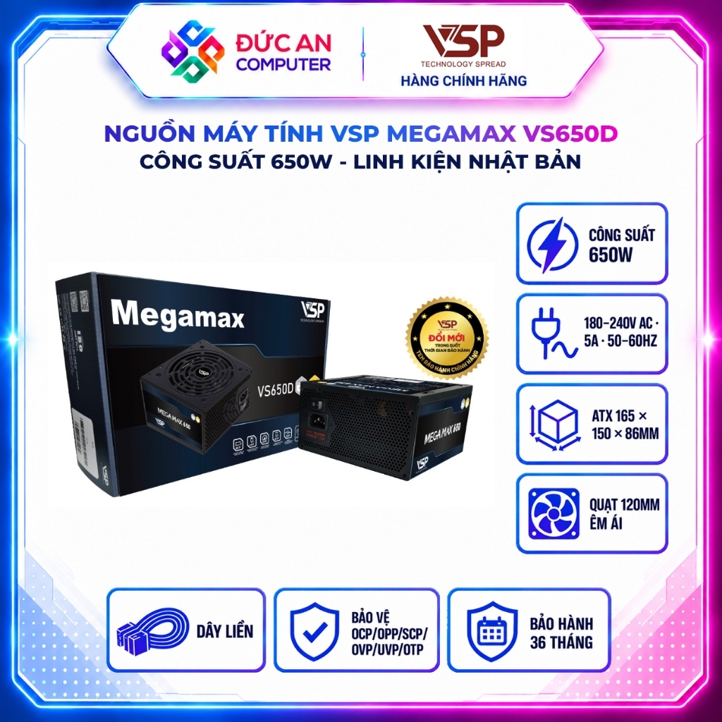 Nguồn Máy Tính VSP MEGAMAX VS650D (650W / Active PFC / DC to DC)