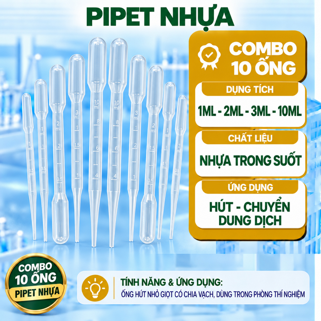 Combo 10 ống Pipet nhựa 1ml, 2ml , 3ml , 10ml - Ống hút nhỏ giọt, có chia vạch