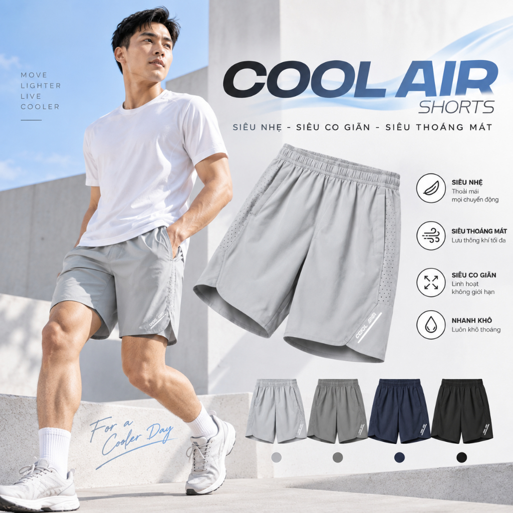 Quần short nam COOL AIR SHORTS TORANO thể thao vải gió, siêu nhẹ, thoải mái BW600