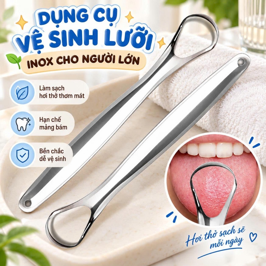 Dụng cụ vệ sinh lưỡi cao cấp, cạo lưỡi sạch, nạo lưỡi bằng inox cho người lớn, hơi thở bớt hôi 100%