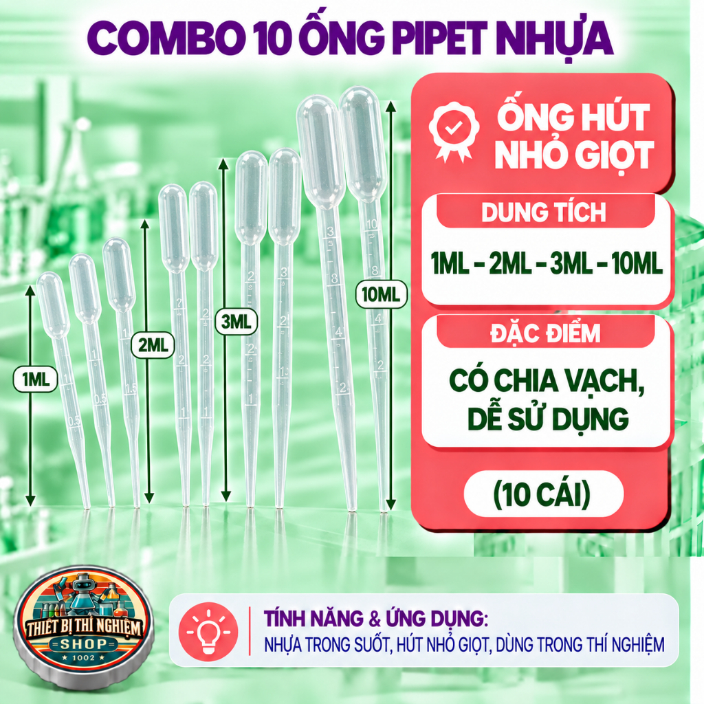 Combo 10 ống Pipet nhựa 1ml, 2ml , 3ml , 10ml - Ống hút nhỏ giọt, có chia vạch