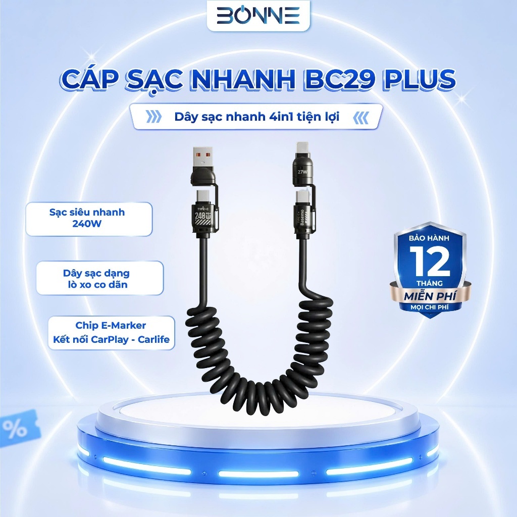 Cáp Sạc Lò Xo Đa Năng BC29 PLUS Sạc Nhanh 240W, Cáp Sạc Nhanh 4 IN 1 Chống Rối, Sạc Nhanh 240W