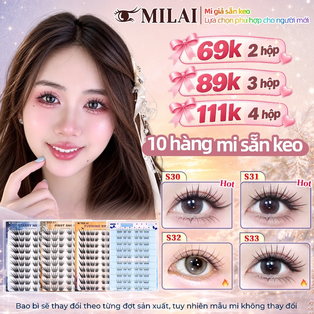 MILAI Mi giả sẵn keo 10 hàng mẫu mới, mi giả tự dính không cần keo, tự nhiên, cong đẹp, dễ gắn cho người mới