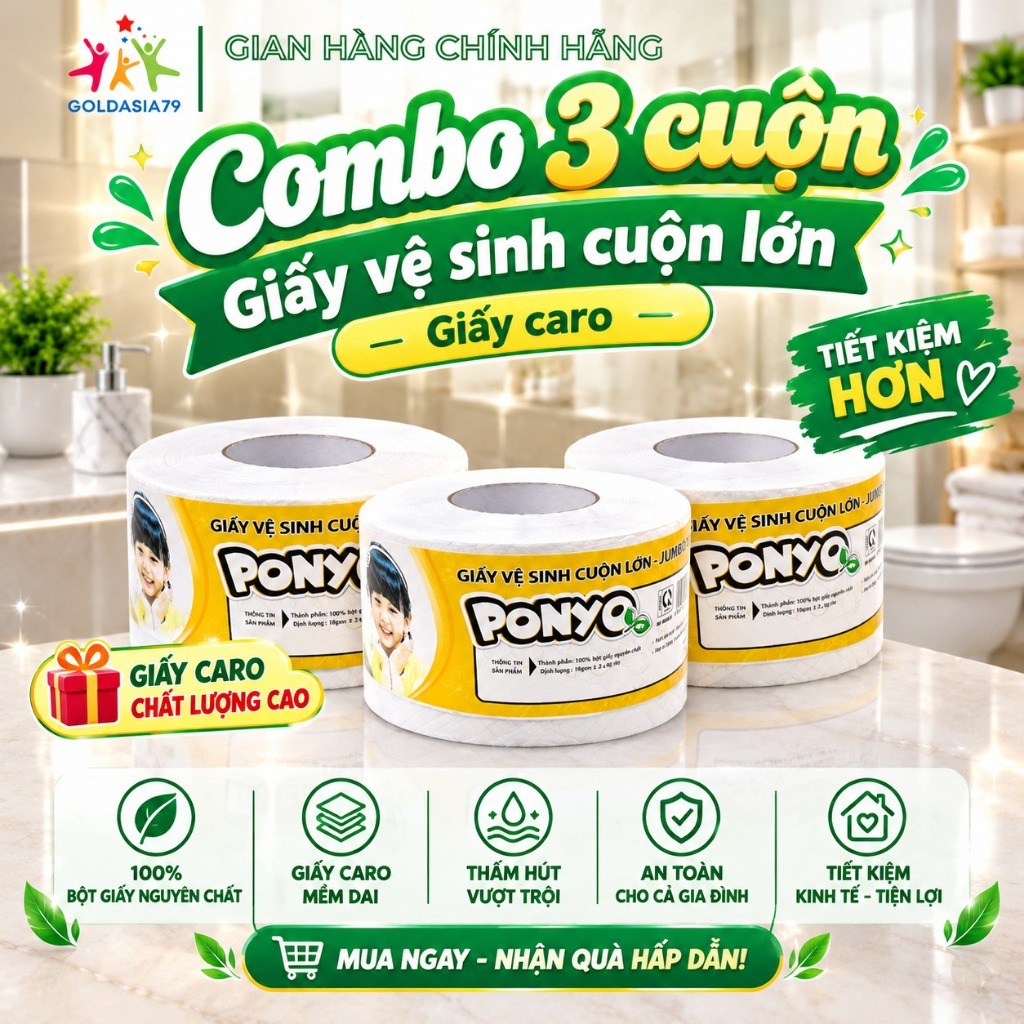Combo 3 Cuộn Giấy Vệ Sinh Cuộn Lớn Ponyo JB500 500gram/Cuộn, 2 Lớp Mềm Mịn, Họa Tiết Caro, Thấm Hút 