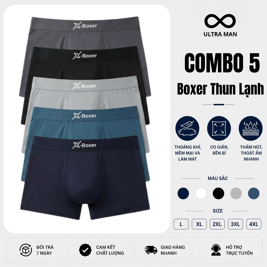 Sịp đùi cotton nam boxer thun lạnh thông hơi thoáng khí, Quần lót đùi nam lót lưới kháng khuẩn Ultra