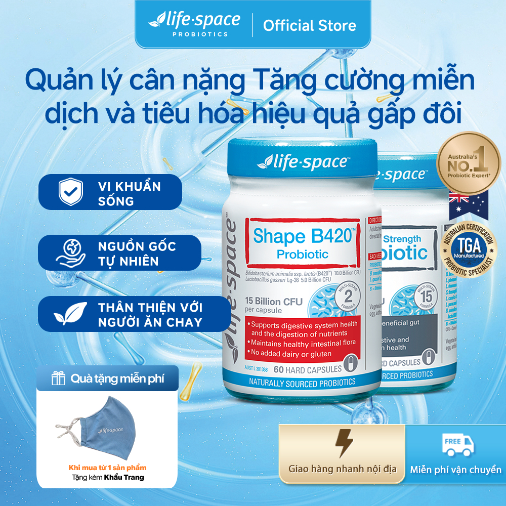 Combo Men vi sinh Life-Space Shape B420 60 viên và Double Strength Probiotic 30 viên Prebiotic
