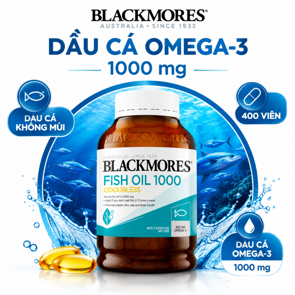 Blackmores Fish Oil 1000 Odourless 400 Viên | Omega-3 Dầu Cá Không Mùi | Daily Fish Oil Supplement