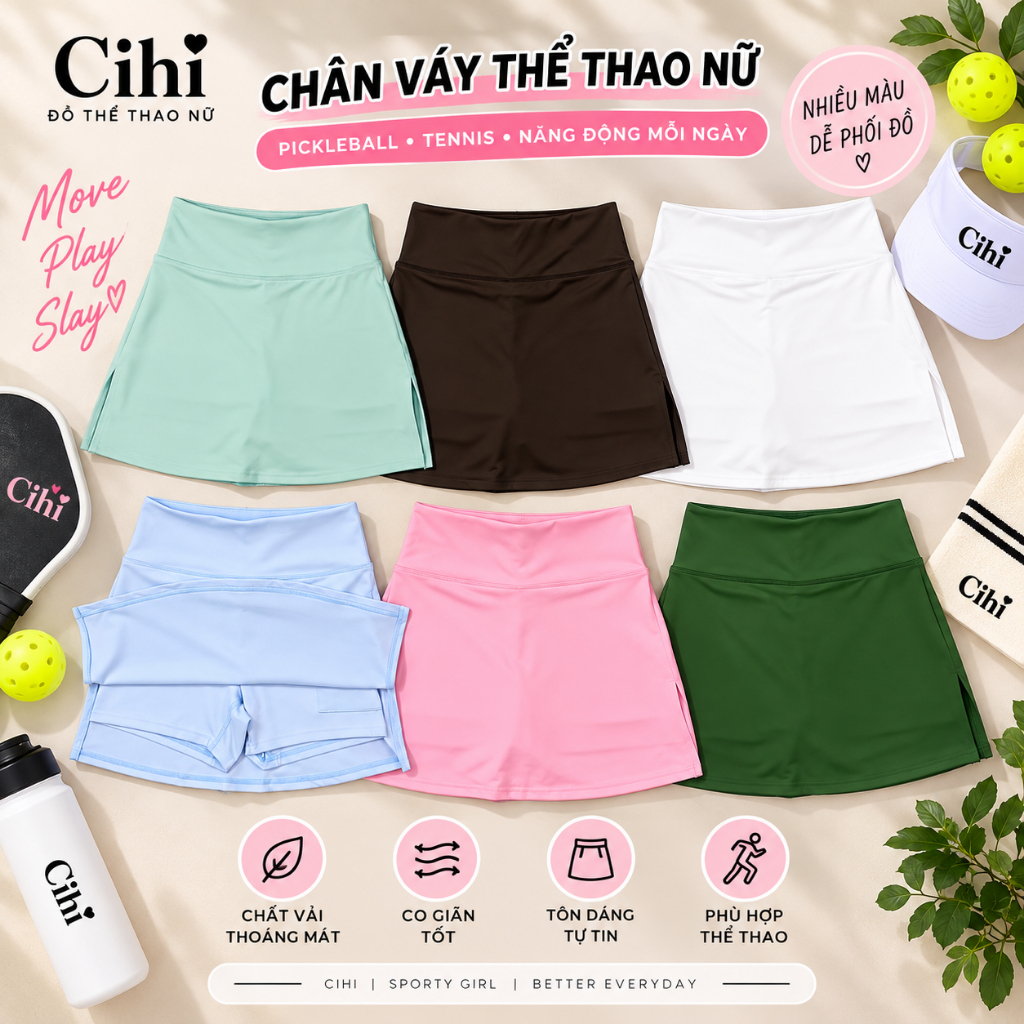 Chân Váy Pickleball Nữ Cihi Cạp Cao – Váy Thể Thao Có Quần Bảo Hộ, Co Giãn Tôn Dáng
