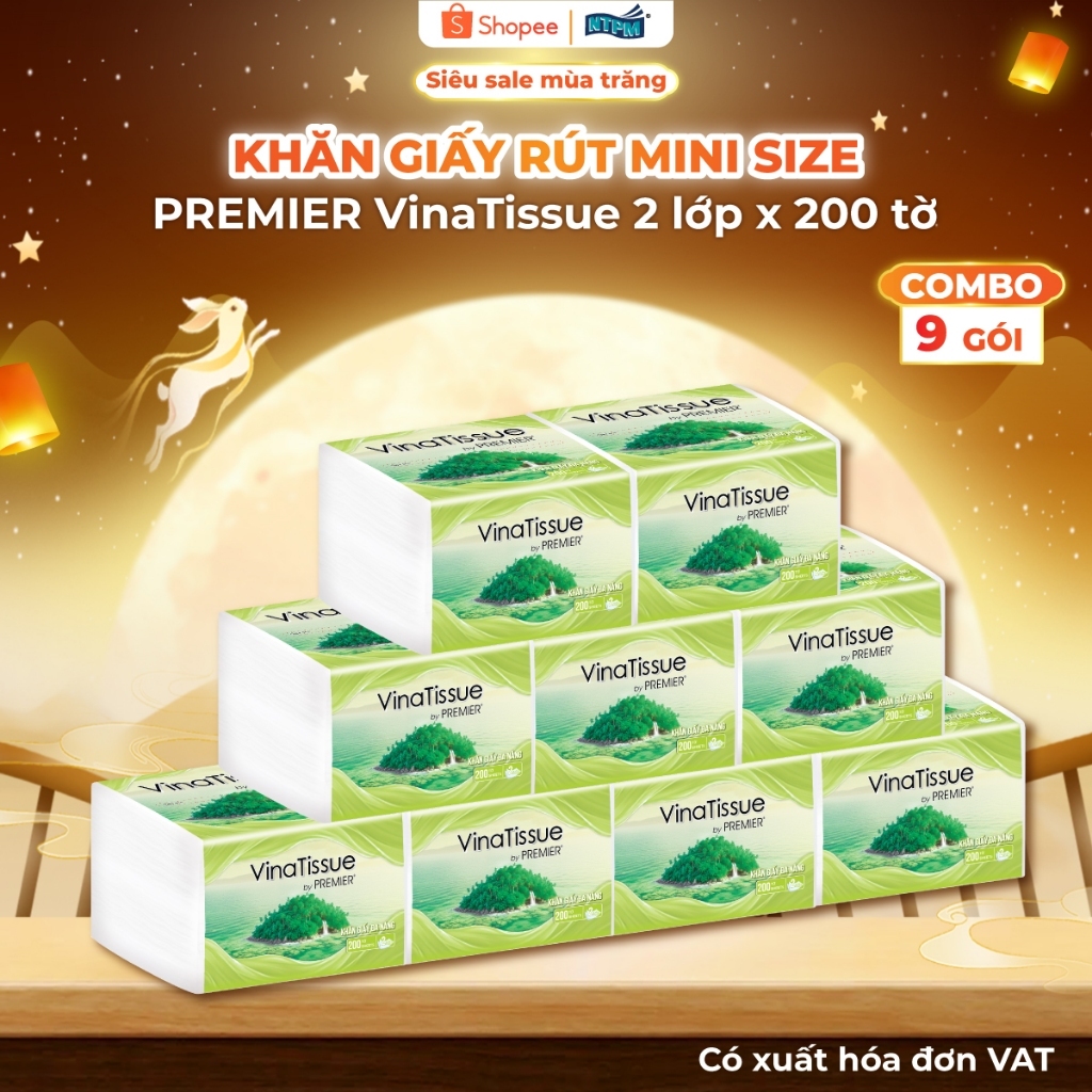 [COMBO 9 GÓI] Khăn giấy rút đa năng PREMIER VinaTissue, 2 lớp - 100% bột giấy nguyên sinh, không chất tẩy, 200 tờ/gói –