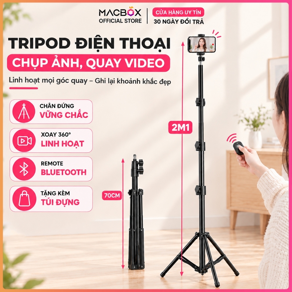 Chân đỡ điện thoại, máy ảnh Tripod 3 chân cao 2M1 chụp ảnh, quay phim video, livestream có remote xoay 360 độ Macbox