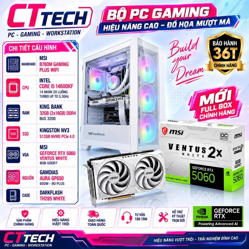 Bộ PC lắp ráp CTTech số 5 RTX 5060 Ventus White / I5 14600KF / B760 / 512GB Mới | Bảo Hành 36 Tháng