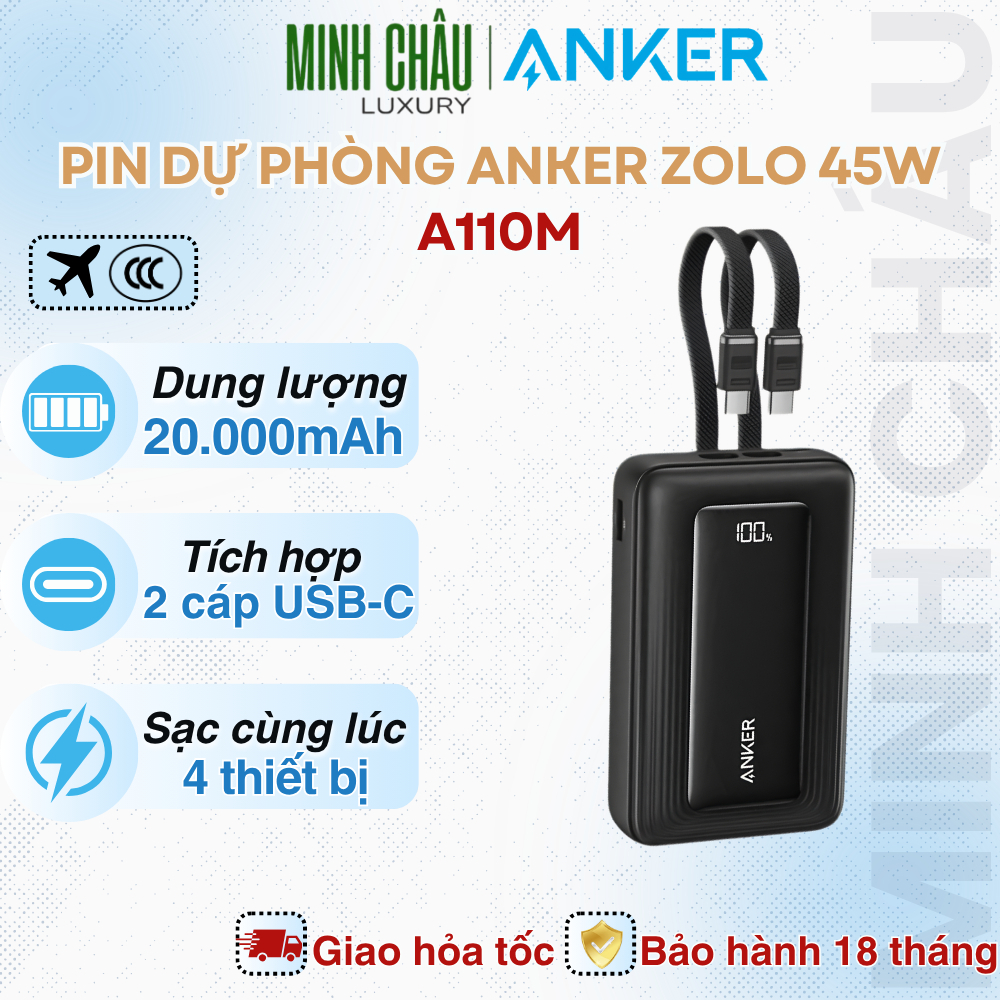 Pin Sạc Dự Phòng Anker Zolo A110M 20000mAh 45W Tích Hợp 2 Cáp USB-C