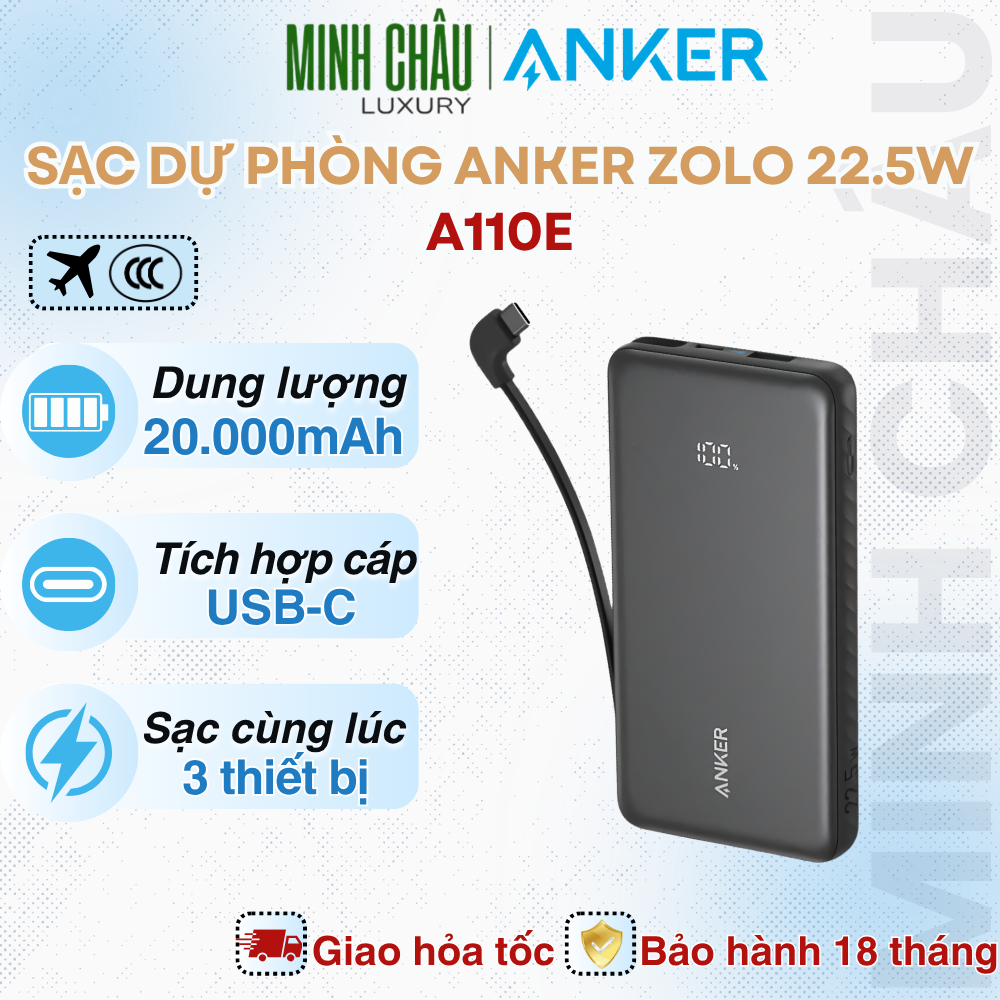 Pin Sạc Dự Phòng Anker Zolo A110E 20000mAh Sạc Nhanh 22.5W Tích Hợp Cáp USB-C Power Bank