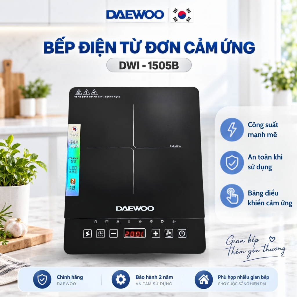 Bếp từ đơn, bếp nấu lẩu Daewoo DWI-1505B - 1500W - 8 chế độ nấu - Mặt kính Ceramic BH 2 năm