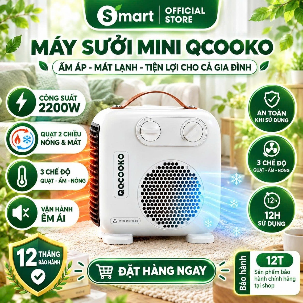 [ Hỏa Tốc - BH 12T]_Quạt sưởi mini Qcooko, máy sưởi mini để bàn 2 chiều 2200W LÀM NÓNG TỨC THÌ,bảo vệ CHỐNG LẬT