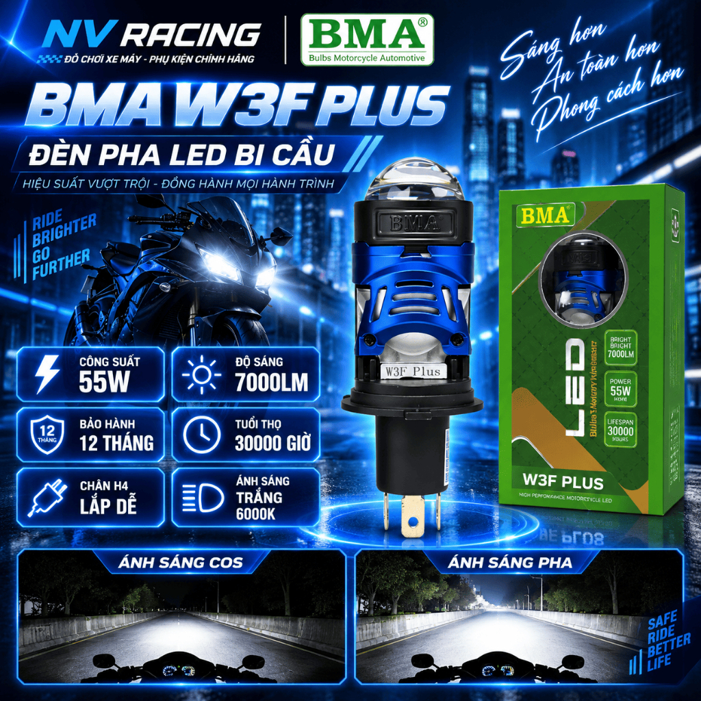 BMA W3F Plus, Đèn Pha Bi Cầu BMA W3F Plus 55W Chính Hãng, Đèn LED Siêu Sáng Ánh Sáng Rộng Cho Xe Máy