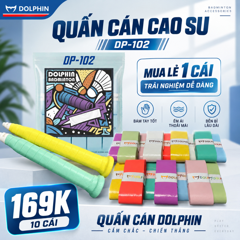 [ DP102] Cuốn Cán Vợt Cao Su Dolphin Cao Cấp Cho Cầu Lông, Tennis, Pickleball – Mềm Êm, Bám Dính Tốt, Thấm Hút Mồ Hôi Hi