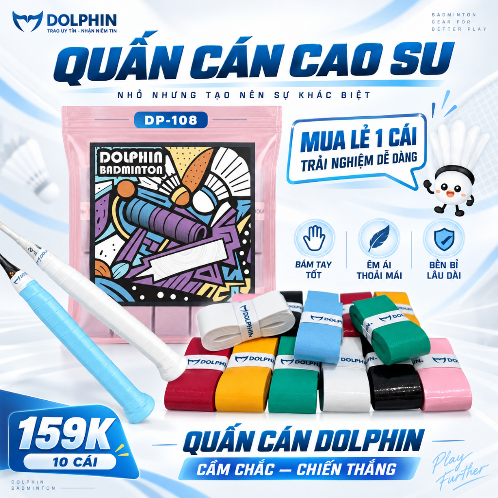 [DP108] Quấn Cán Vợt Dolphin Cao Cấp Cho Cầu Lông, Tennis, Pickleball – Mềm Êm, Bám Dính Tốt, Thấm Hút Mồ Hôi Hiệu Quả