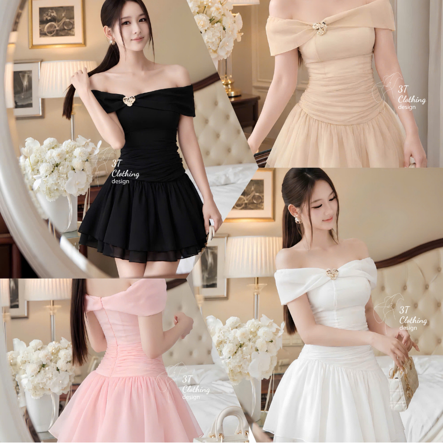 [3T CLOTHING]Váy đầm dự tiệc, chất liệu tơ óng vân cao cấp, tùng xòe trễ vai, tặng ghim cài, kèm quầ
