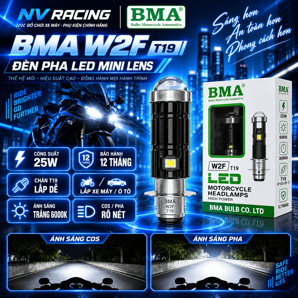 Đèn Pha Led Bi Cầu BMA W2F Chân M5/T9 25W Chính Hãng Ánh Sáng Mạnh Lắp Wave, Dream Cub Sirius Taurus