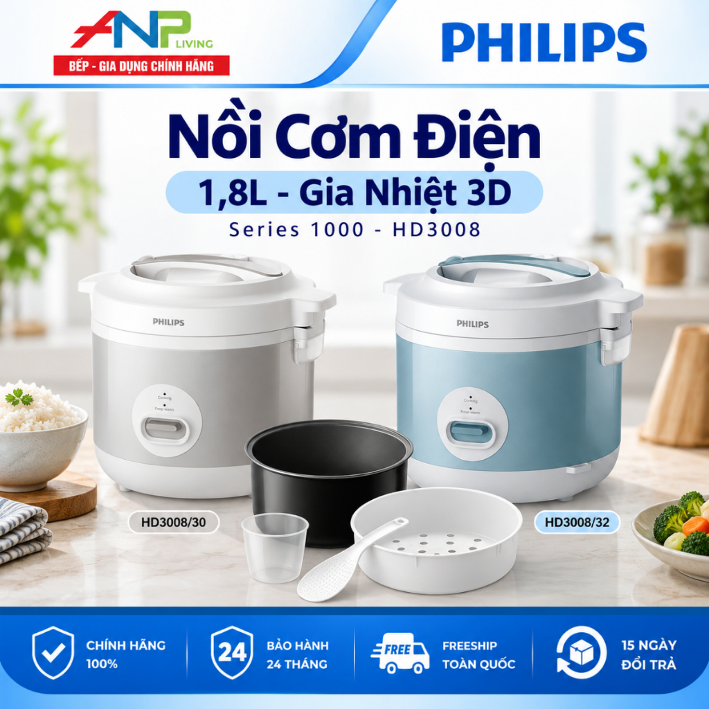 Nồi Cơm Điện Philips Series 1000 HD3008/30, HD3008/32 | 1.8L | Gia Nhiệt 3D | Giữ Ấm 48H - Chính Hãn