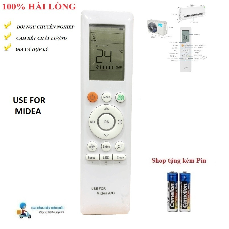 Remote Điều khiển THAY THẾ DÙNG CHO điều hòa Midea- 6 LOẠI 1& 2 chiều Inverter- Hàng chất lượng cao Tặng Pin