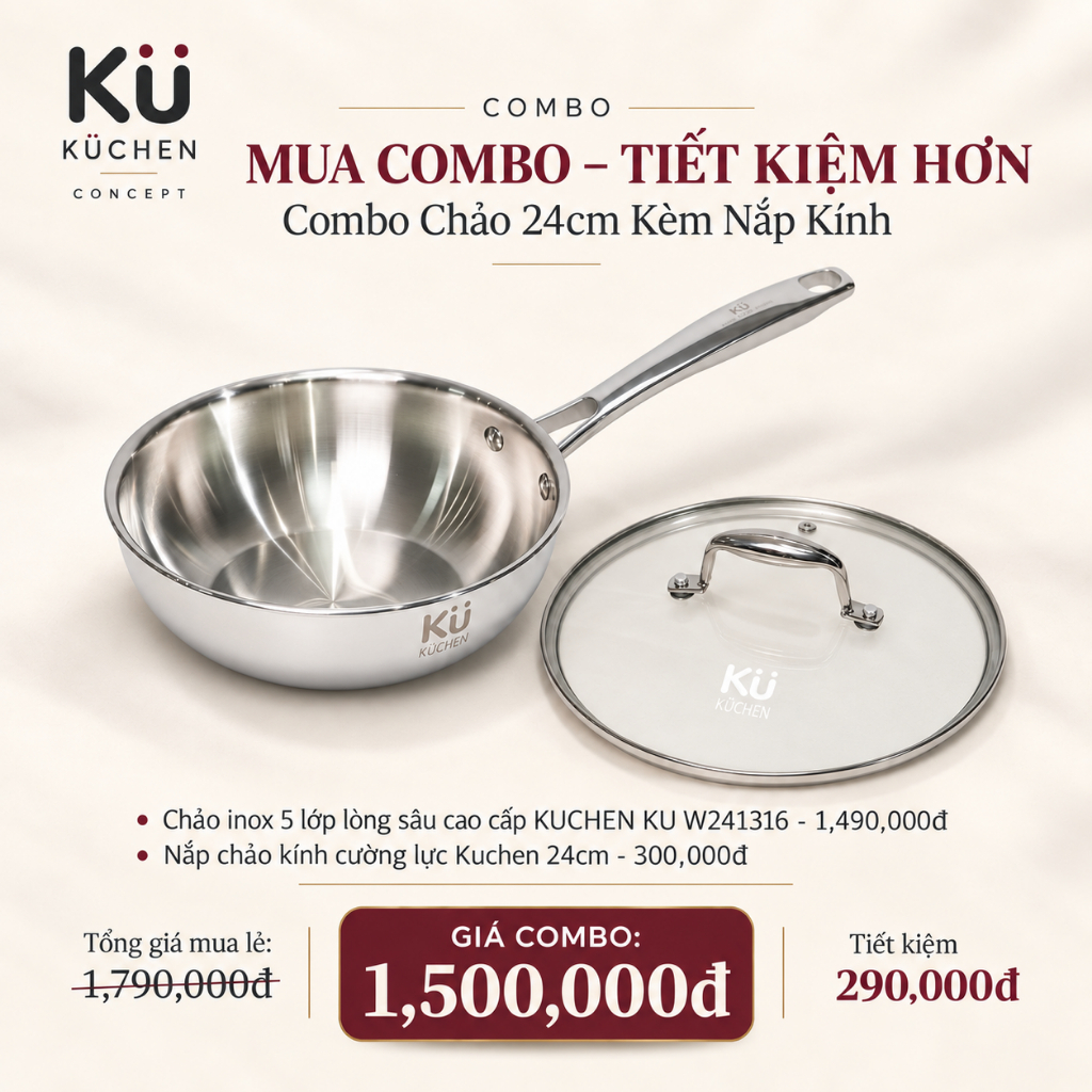 Combo Chảo Inox 316 KUCHEN KU W241316 24cm + Nắp Kính Cường Lực 24cm | Kuchen Concept